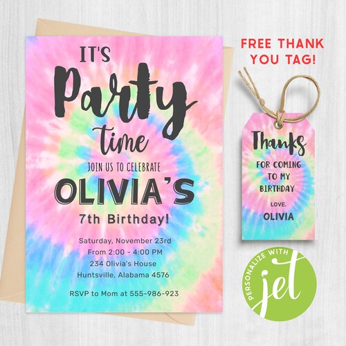 Printable Tie Dye Birthday Party Invitation Editable Rainbow - Etsy