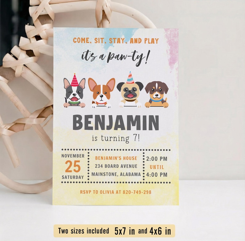 Celebrate with paws and love using this Puppy Birthday Invitation. Perfect for a dog pawty or pet adoption–themed celebration. This editable Canva template lets you easily customize the name, age, date, time, and location in minutes. Instantly download and share digitally or print at home. A cute, playful, and heartwarming invitation that makes your party extra special and memorable!