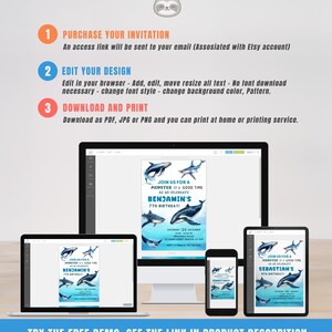 May include: A digital invitation design displayed on various devices, including a laptop, desktop, tablet, and smartphone. The invitation features a marine theme with illustrations of whales and sharks, and includes the text "Join us for a monster of a good time".