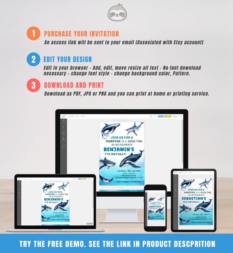 May include: A digital invitation design displayed on various devices, including a laptop, desktop, tablet, and smartphone. The invitation features a marine theme with illustrations of whales and sharks, and includes the text "Join us for a monster of a good time".
