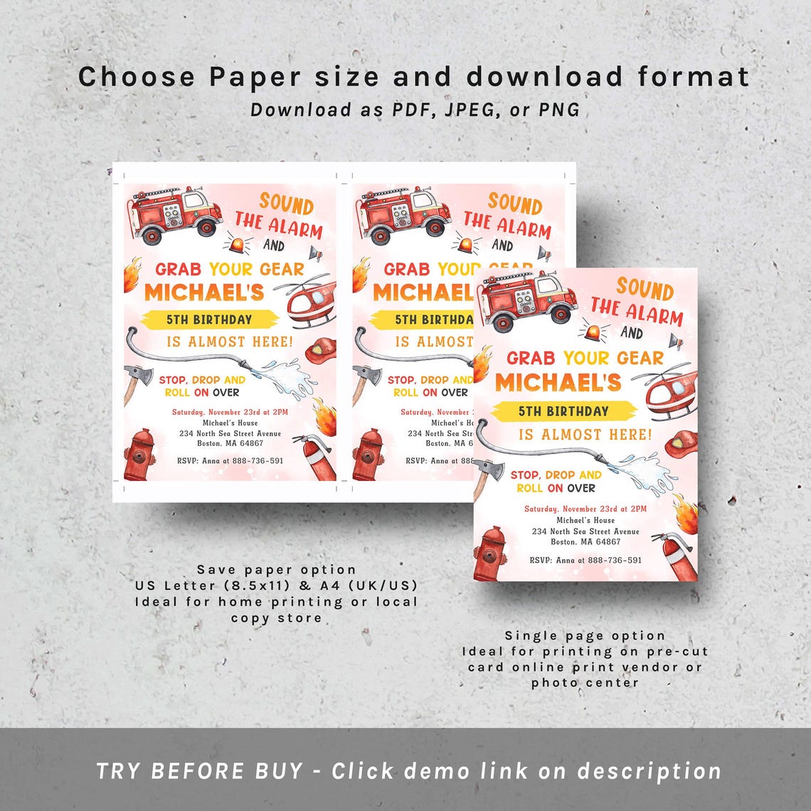 Fire Rescue Invitations Editable Fire Truck Birthday Invitation | Firefighter Fire Engine Party ...