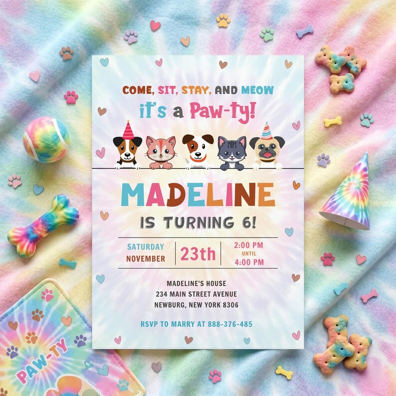 Celebrate your pup's big day with this Editable Dog Birthday Invitation Template! Featuring a fun puppy birthday design and vibrant tie dye colors, this Calling All Pawty invite is perfect for any dog lover. Includes a free matching thank you tag to complete your party set. Easily edit in your browser using Jettemplate—no design skills needed. Instantly download, print, or share digitally for a tail-wagging good time!