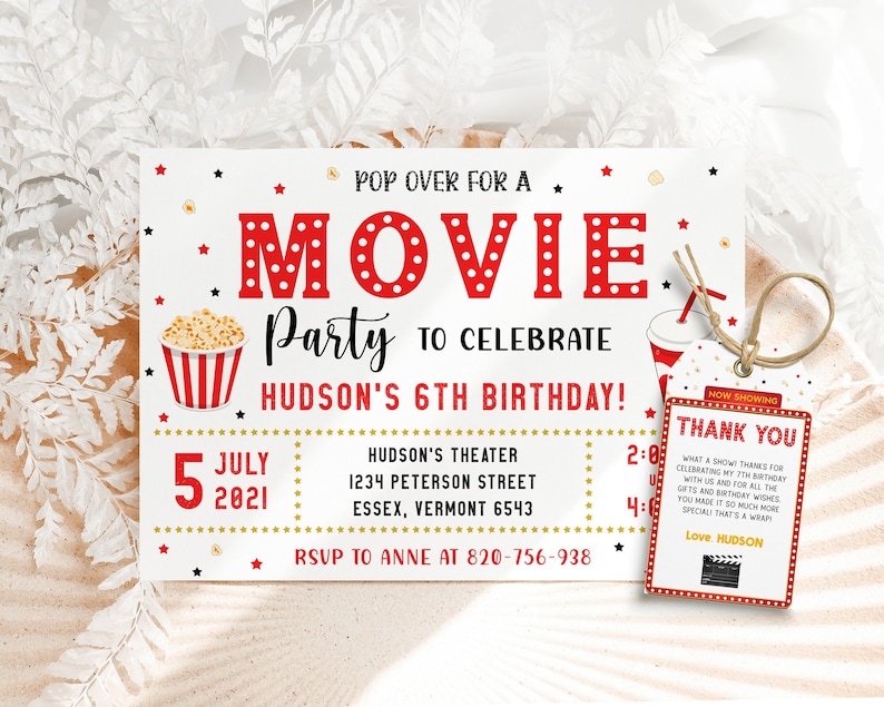 Movie Birthday Invitation Cinema Birthday Invitation Pop on over Birthday Invitation Movie Ticket Invitation Text Message Invitation image 1