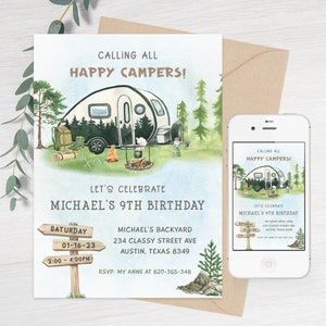 May include: A camping themed birthday invitation with a watercolor illustration of a camper van, trees, and a campfire. The text reads "Calling all Happy Campers! Let's Celebrate Michael's 9th Birthday. Saturday 01-16-23 2:00-4:00PM Michael's Backyard 234 Classy Street Ave Austin, Texas 8349 RSVP: My Anne at 820-365-348"