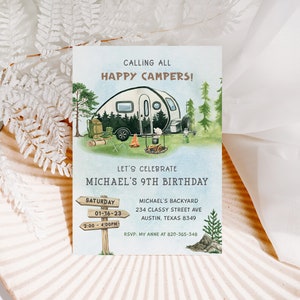 May include: A watercolor illustration of a camper van in a forest setting. The invitation is for Michael's 9th birthday party, which will be held on Saturday, January 16th, 2023 from 2:00 to 4:00 PM at Michael's backyard. The address is 234 Classy Street Ave, Austin, Texas 8349. RSVP to My Anne at 820-365-348.