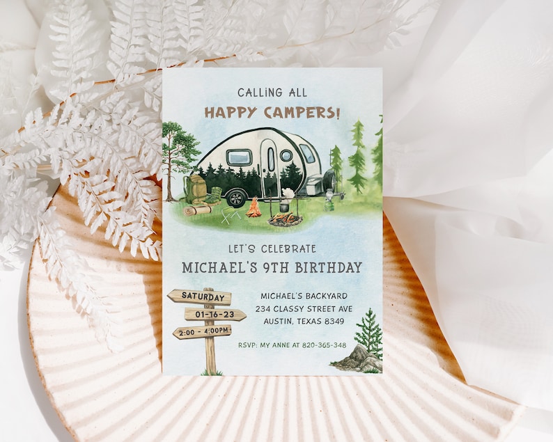May include: A watercolor illustration of a camper van in a forest setting. The invitation is for Michael's 9th birthday party, which will be held on Saturday, January 16th, 2023 from 2:00 to 4:00 PM at Michael's backyard. The address is 234 Classy Street Ave, Austin, Texas 8349. RSVP to My Anne at 820-365-348.