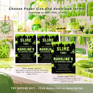 May include: A digital birthday party invitation template featuring a black background with bright green slime dripping from the top. The text reads SLIME TIME! PLEASE JOIN US FOR MADELINE'S 8TH BIRTHDAY PARTY! with event details and RSVP information.