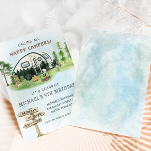 May include: A blue and green watercolor background with a white camper invitation. The invitation says "Calling all Happy Campers!" and "Let's Celebrate Michael's 9th Birthday". The invitation also includes a date and time for the party.