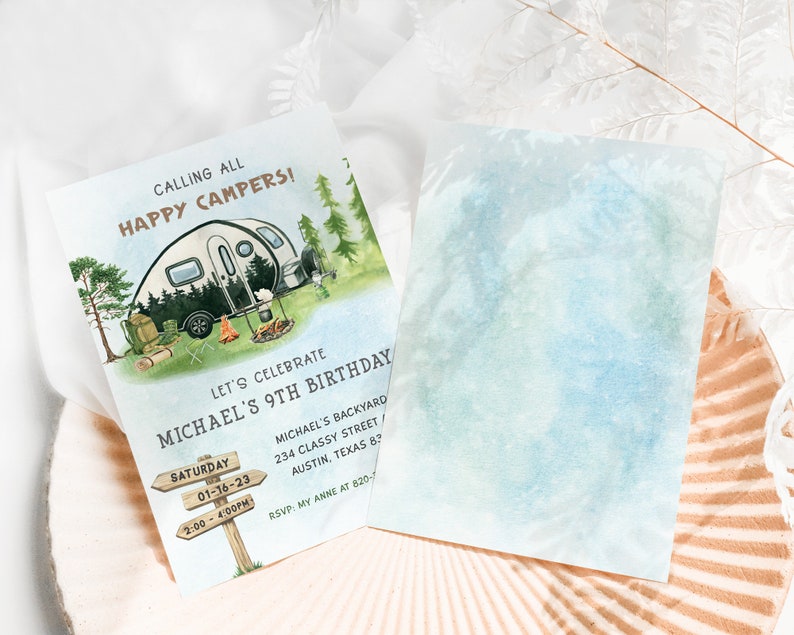 May include: A blue and green watercolor background with a white camper invitation. The invitation says "Calling all Happy Campers!" and "Let's Celebrate Michael's 9th Birthday". The invitation also includes a date and time for the party.