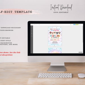 May include: A computer screen displaying a digital invitation template for a Paw Patrol themed birthday party. The invitation features a tie-dye background with a rainbow and stars. The text on the invitation reads "It's a Paw-ty! Madeline is turning 6".