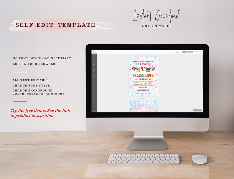 May include: A computer screen displaying a digital invitation template for a Paw Patrol themed birthday party. The invitation features a tie-dye background with a rainbow and stars. The text on the invitation reads "It's a Paw-ty! Madeline is turning 6".