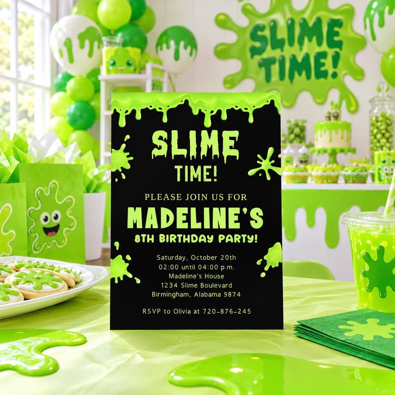 Make your party extra gooey and fun with this Slime Birthday Invitation Template! Featuring vibrant paint splashes and green slime accents, this neon-themed invite is perfect for a creative and messy celebration. Designed for easy customization with Jettemplate, you can personalize it in minutes and download instantly. Ideal for art or slime-loving kids, this printable invite ensures a unique and colorful party announcement!
