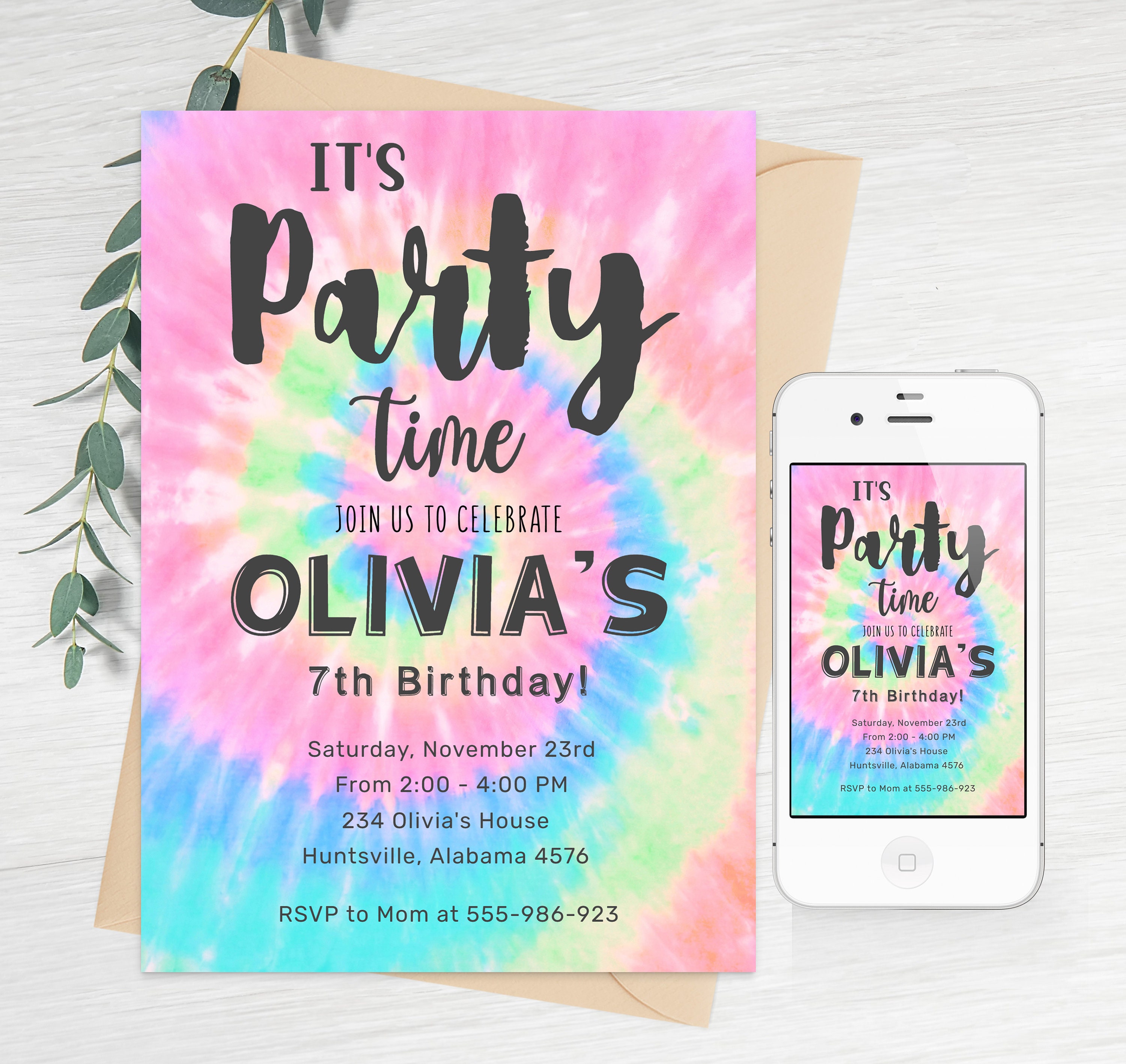 Tie Dye Birthday Invitation Rainbow Tie Dye Birthday Etsy UK