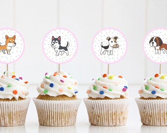 Cute Dog Cake Topper Dog Cupcake Topper Colorful Birthday Cake Topper Dog Birthday Invitation Siblings Girls Invitation Puppy Topper 2x3.5