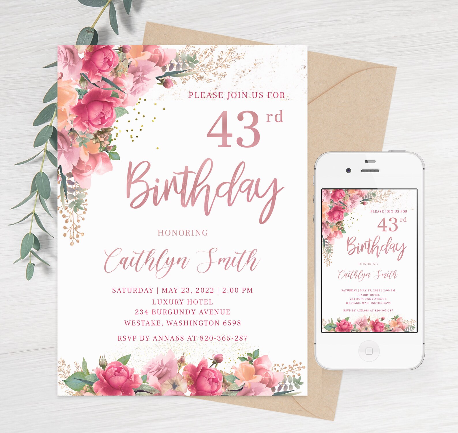Rose Gold Birthday Invitation Rose Flower Invitation Template Etsy