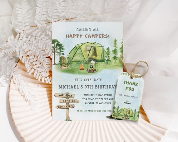 Camping Birthday Invitation Template: Adventure Forest Design (Digital Download)