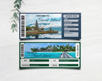 Surprise Reveal Ticket Template Tropical Island Vacation Gift Voucher Printable Holiday Ticket Template Editable Summer Trip Ticket Surprise