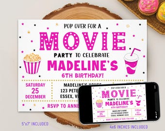 Pink Movie Birthday Invitation, Editable Canva Template (Digital Download)