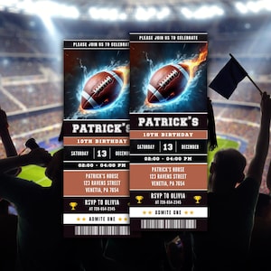 May include: A black and brown ticket-style invitation for a 10th birthday party. The invitation features a football with flames and lightning bolts. The text on the invitation reads "Patrick's 10th Birthday" and includes the date, time, and location of the party. The invitation also includes the text "RSVP to Olivia at 720-654-2345" and "Admit One".