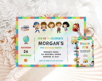 Back to School Birthday Invitation Template Editable Preschool Invitation Kindergarten Invitation Elementary School Invitation Thank You Tag