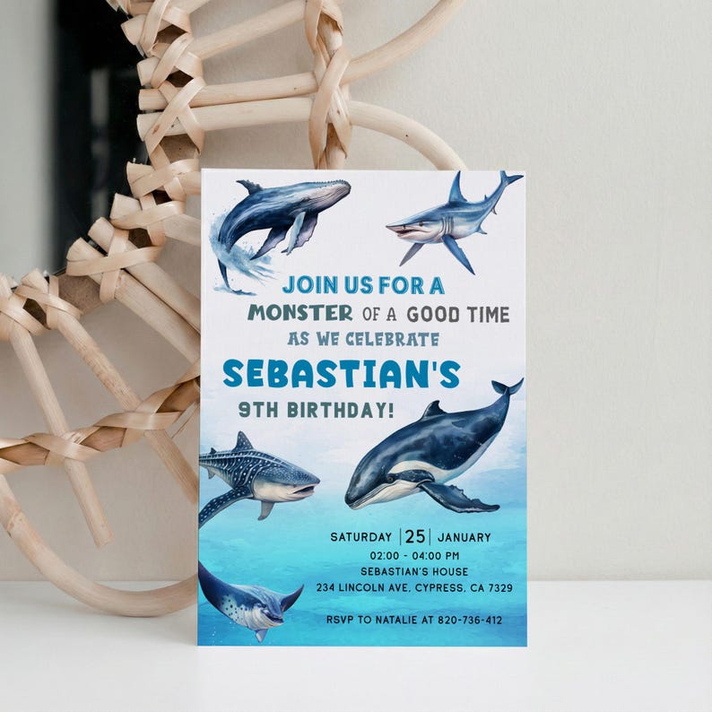 Make waves with this Whale Shark Birthday Invitation. Perfect for an undersea nautical party with ocean-inspired vibes. This editable Jettemplate invitation lets you easily personalize the name, age, date, time, and location in minutes. Instantly download and share digitally or print at home. A fun, unique, and ocean-themed invitation that brings deep-sea adventure to your birthday celebration!