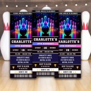 Neon Bowling Ticket Geburtstagseinladung Vorlage Bearbeitbar Bowling Ticket Einladung Strike Party Sport Spiel einladen Danke Tag Printable