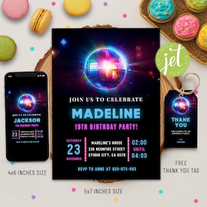Editable Disco Ball Birthday Invitation, Neon Dance Party (Digital Download)