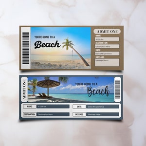 Plantilla de boleto sorpresa para revelar vacaciones Vale de regalo de playa tropical Plantilla de boleto sorpresa para vacaciones en una isla tropical Boleto para viaje de verano