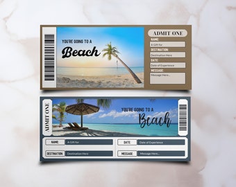 Holiday Surprise Reveal Ticket Template Tropical Beach Gift Voucher Tropical Island Vacation Surprise Ticket Template Summer Trip Ticket