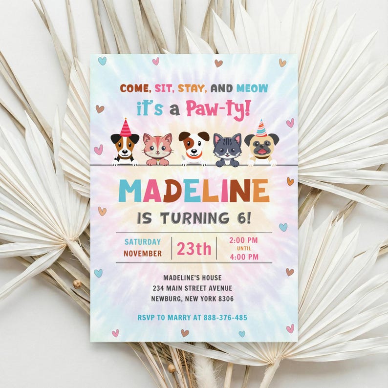 Celebrate your pup's big day with this Editable Dog Birthday Invitation Template! Featuring a fun puppy birthday design and vibrant tie dye colors, this Calling All Pawty invite is perfect for any dog lover. Includes a free matching thank you tag to complete your party set. Easily edit in your browser using Jettemplate—no design skills needed. Instantly download, print, or share digitally for a tail-wagging good time!