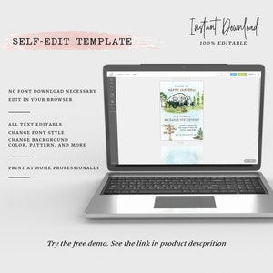 May include: A laptop screen displaying a digital invitation template for a camping-themed birthday party. The invitation features a cartoon camper van, trees, and the text "Calling all Happy Campers! Let's Celebrate Michael's 9th Birthday".