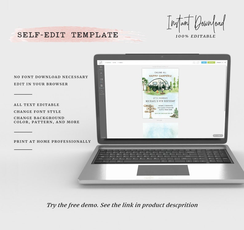 May include: A laptop screen displaying a digital invitation template for a camping-themed birthday party. The invitation features a cartoon camper van, trees, and the text "Calling all Happy Campers! Let's Celebrate Michael's 9th Birthday".