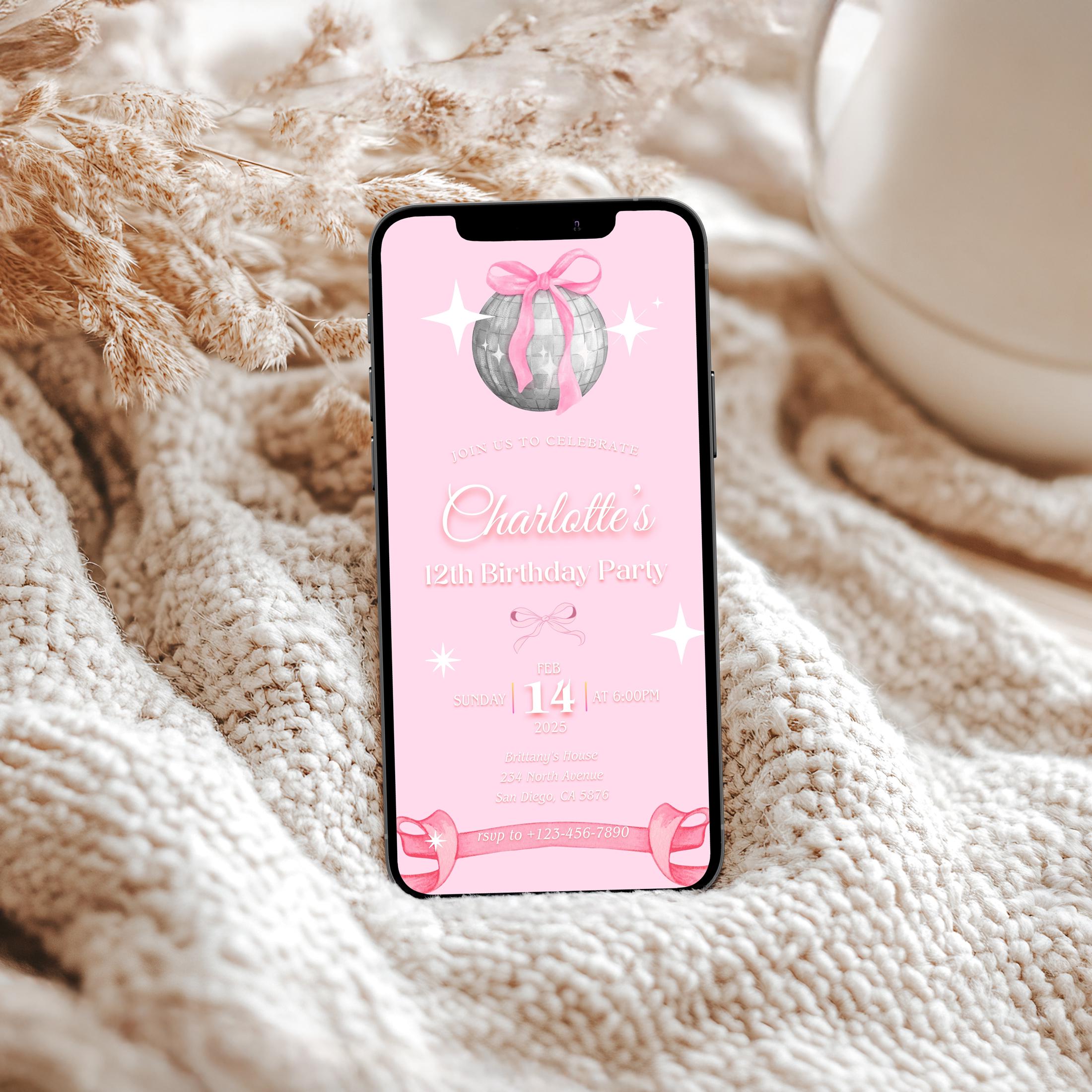Disco Ball Birthday Invitation: Pink Bow Animated Evite (Canva, Phone)