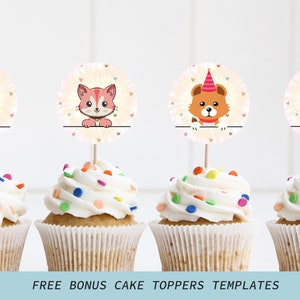 May include: Four cupcakes with white frosting and colorful sprinkles topped with round cake toppers featuring cartoon animals. The toppers show a Yorkshire Terrier, a cat, a bear wearing a party hat, and a cat.  FREE BONUS CAKE TOPPERS TEMPLATES text is at the bottom of the image.