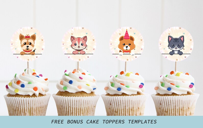 May include: Four cupcakes with white frosting and colorful sprinkles topped with round cake toppers featuring cartoon animals. The toppers show a Yorkshire Terrier, a cat, a bear wearing a party hat, and a cat.  FREE BONUS CAKE TOPPERS TEMPLATES text is at the bottom of the image.