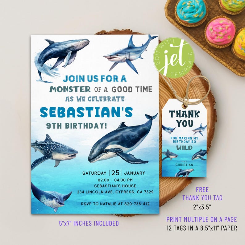 May include: A blue and white birthday invitation with various watercolor illustrations of marine animals, including whales and sharks. The invitation reads "Join us for a monster of a good time as we celebrate Sebastian's 9th birthday!" Includes a matching thank you tag.