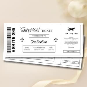 Plantilla editable de boleto de viaje sorpresa, boleto sorpresa de cumpleaños, tarjeta de embarque, vale de regalo, boleto de avión para vacaciones, imprimible