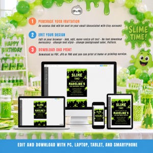May include: A digital invitation template for a slime-themed birthday party displayed on a computer monitor, tablet, and smartphone. The black invitation features bright green slime graphics and text reading SLIME TIME! MADELINE'S 6TH BIRTHDAY PARTY.