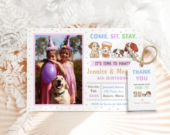 Pink Dog Birthday Invitation Puppy Birthday Invitation Colorful Birthday Invitation Dog Birthday Invitation Siblings Girls Invitation 4x6