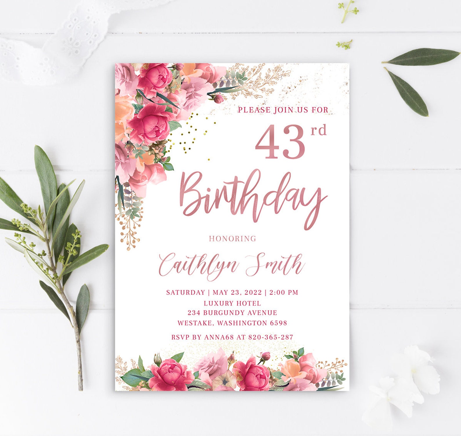 Rose Gold Birthday Invitation Rose Flower Invitation Template Etsy
