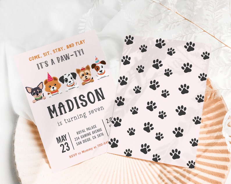 Dog Birthday Invitation Puppy Invitation Lets Pawty Birthday Invitation for Girls Digital Download Invite Editable Invitation