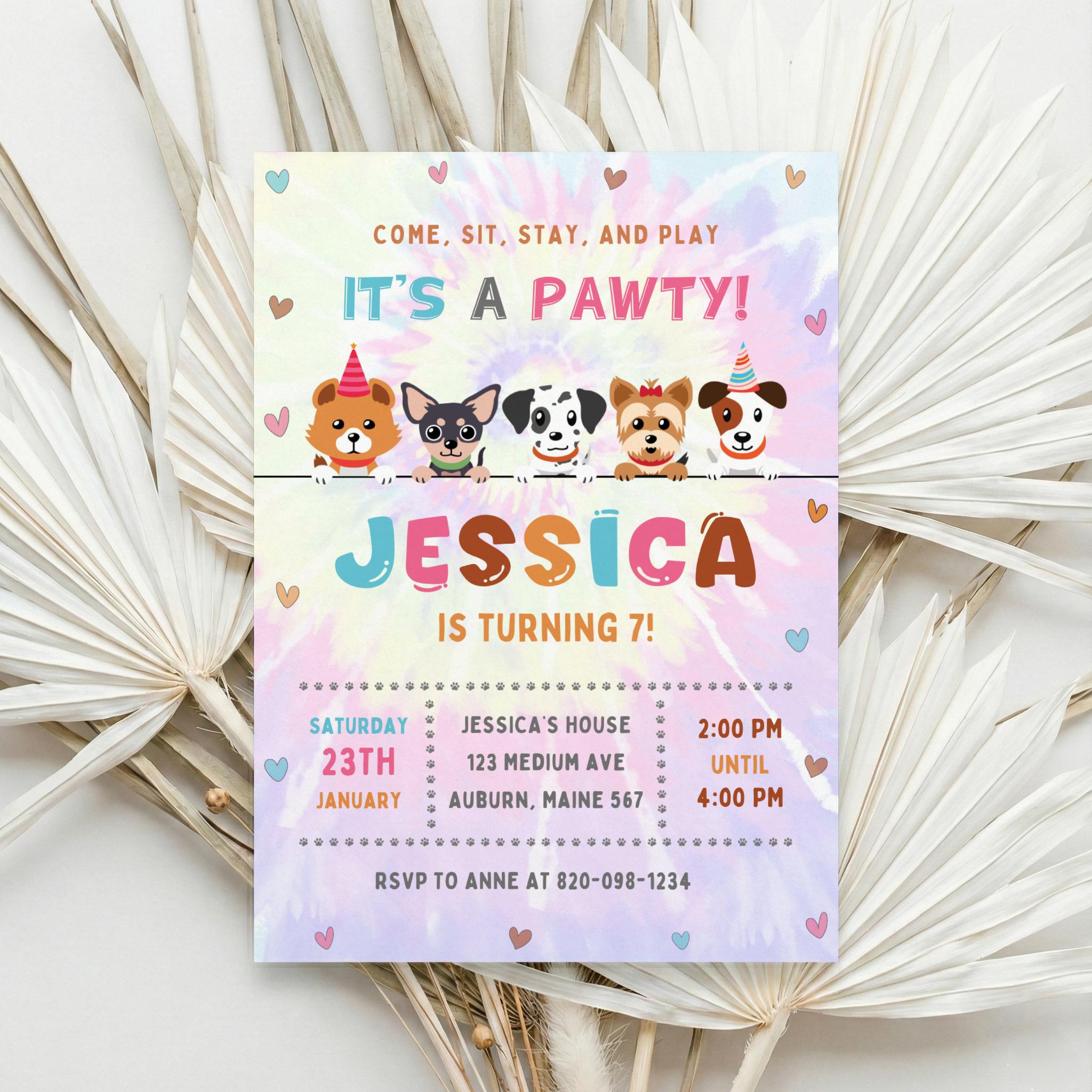 Editable Dog Rainbow Pawty Party Invitation Template | Puppy Party Tie ...