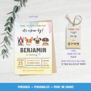 Pu&ograve; includere: Un invito colorato per una festa di compleanno a tema cani per un bambino di nome Benjamin che compie 7 anni. L'invito presenta uno sfondo ad acquerello con impronte di zampe e un'illustrazione di cinque cani in stile cartone animato che indossano cappelli da festa. L'invito include la data, l'ora e il luogo della festa. Include anche un'etichetta di ringraziamento stampabile gratuita con un'illustrazione di quattro cani in stile cartone animato che indossano cappelli da festa.