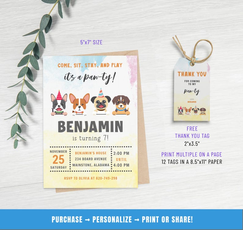 Pu&ograve; includere: Un invito colorato per una festa di compleanno a tema cani per un bambino di nome Benjamin che compie 7 anni. L'invito presenta uno sfondo ad acquerello con impronte di zampe e un'illustrazione di cinque cani in stile cartone animato che indossano cappelli da festa. L'invito include la data, l'ora e il luogo della festa. Include anche un'etichetta di ringraziamento stampabile gratuita con un'illustrazione di quattro cani in stile cartone animato che indossano cappelli da festa.