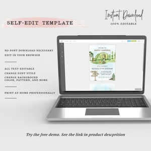 May include: A digital mockup of a laptop screen showing a camping-themed birthday invitation. The invitation features a green tent, a campfire, and a sign that says "Calling all Happy Campers! Let's Celebrate Michael's 9th Birthday".