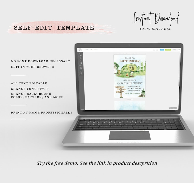 May include: A digital mockup of a laptop screen showing a camping-themed birthday invitation. The invitation features a green tent, a campfire, and a sign that says "Calling all Happy Campers! Let's Celebrate Michael's 9th Birthday".