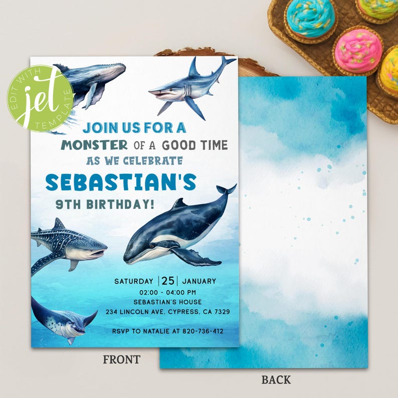 May include: A two-sided invitation with a watercolor design featuring various marine animals, including whales and sharks. The front side has the text "JOIN US FOR A MONSTER OF A GOOD TIME AS WE CELEBRATE SEBASTIAN'S 9TH BIRTHDAY!" with event details.