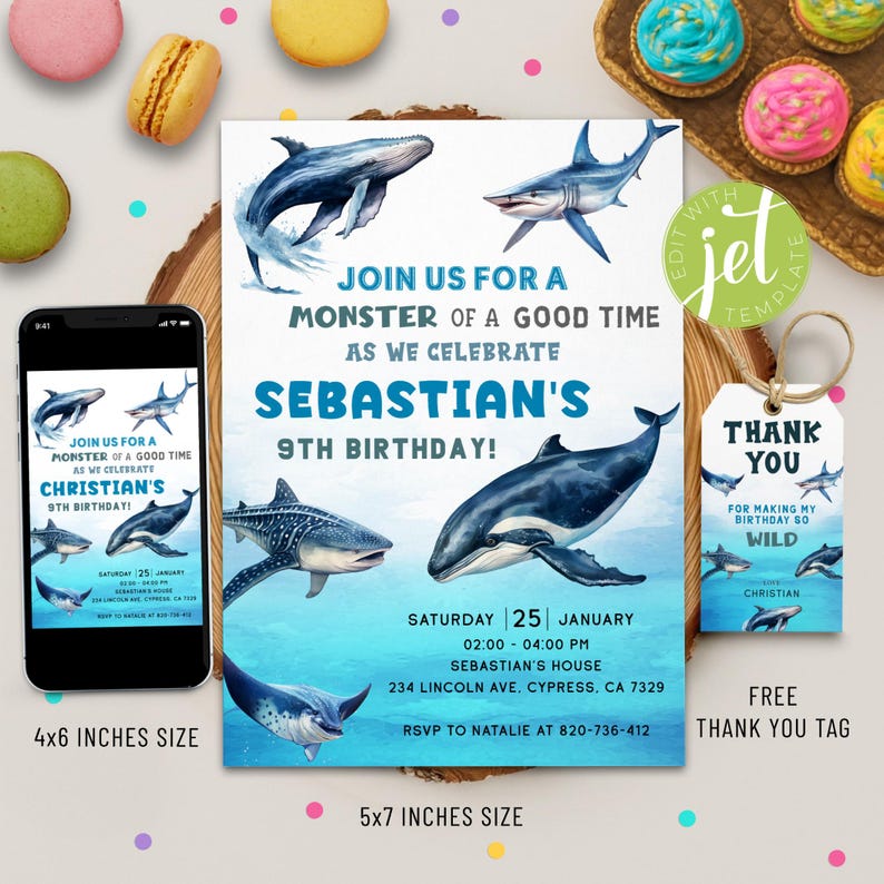 Dive into the fun with this Editable Whale Shark Birthday Invitation Template! Perfect for an undersea or nautical-themed party, this invite features playful marine creatures like whale sharks and dolphins, setting the stage for an unforgettable celebration. Complete with a matching "Thank You" tag, it’s easy to edit and personalize for any age. Instantly downloadable and printable, this template makes planning your ocean-inspired party a breeze. Make waves—get yours today!