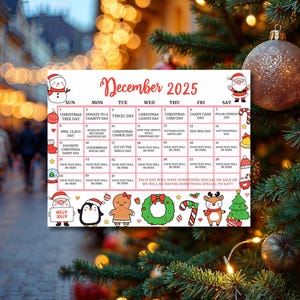 May include: A December 2025 calendar with a festive Christmas theme. The calendar features illustrations of Santa Claus, snowmen, and holiday icons. Each day has a designated space for notes, with special days highlighted.