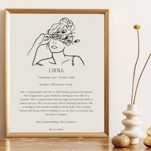 Libra Zodiac Star Sign "She is" Digital Printable - Line Art Floral/Botanical PDF